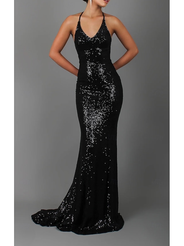 VC Stunning Strapless Sleeveless Black Crystal Sequin Dress Luxury Party Evening Gown
