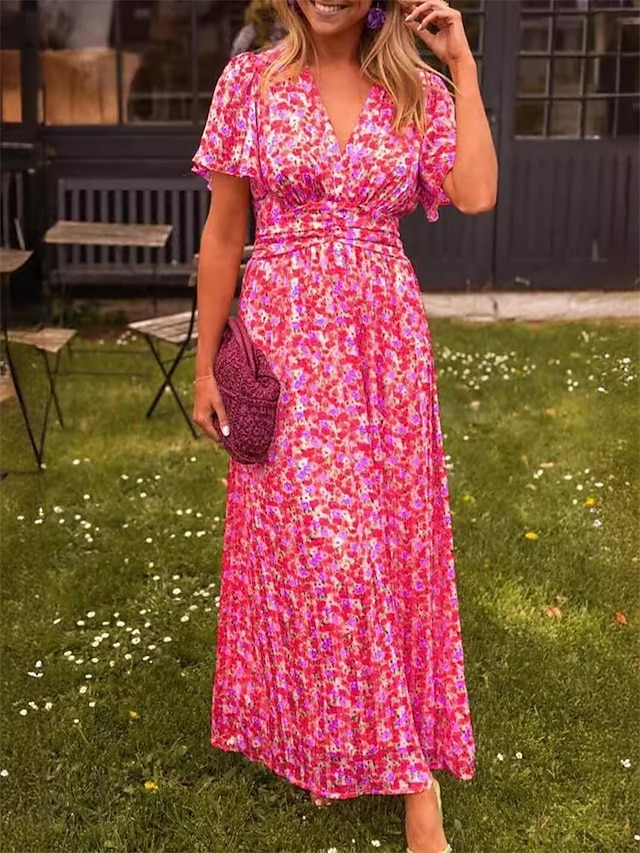  Dam Maxiklänning A linjeklänning Blommig klänning Stylish Ledigt Semester Ledigt Dagligen Normal Blommig Kortärmad V-hals Rodnande Rosa Blå Orange Grön Sommar Vår