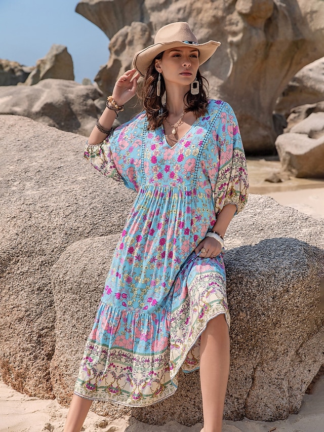  Per donna Abito lungo Abito lungo Abito boho Abito midi Informale Manica a sbuffo Interni Informale Giornaliero Standard Floreale Stile Boho Mezza manica A V Blu Estate Autunno