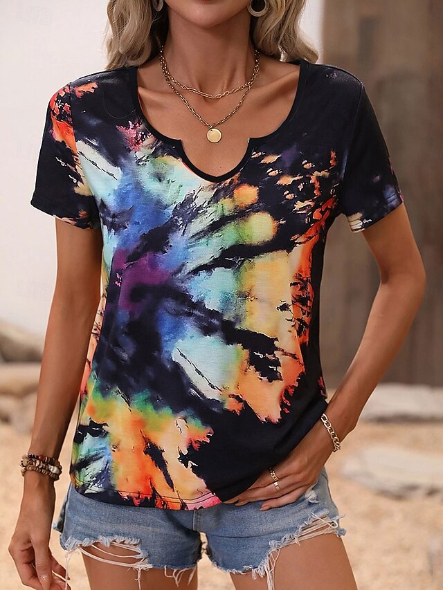Women's T Shirt Tie Dye Casual Short Sleeve V Neck Regular Tops Daily Print Black Summer4