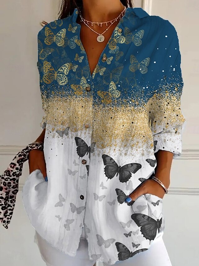 Women's Shirt Button Down Tunic Shirt Collar Long Sleeve Ombre Graphic Butterfly Daily Stylish Retro Vintage 3/4 Length Sleeve Regular Tops Daily Holiday Going out s Blue Spring4
