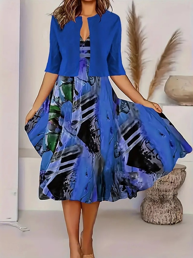  Women's Midi Dress Casual Dress Dress Set Swing Dress A Line Dress Stylish Casual Vacation Daily Regular Fit Graphic Half Sleeve V Neck Pink Blue Fuchsia Orange Summer