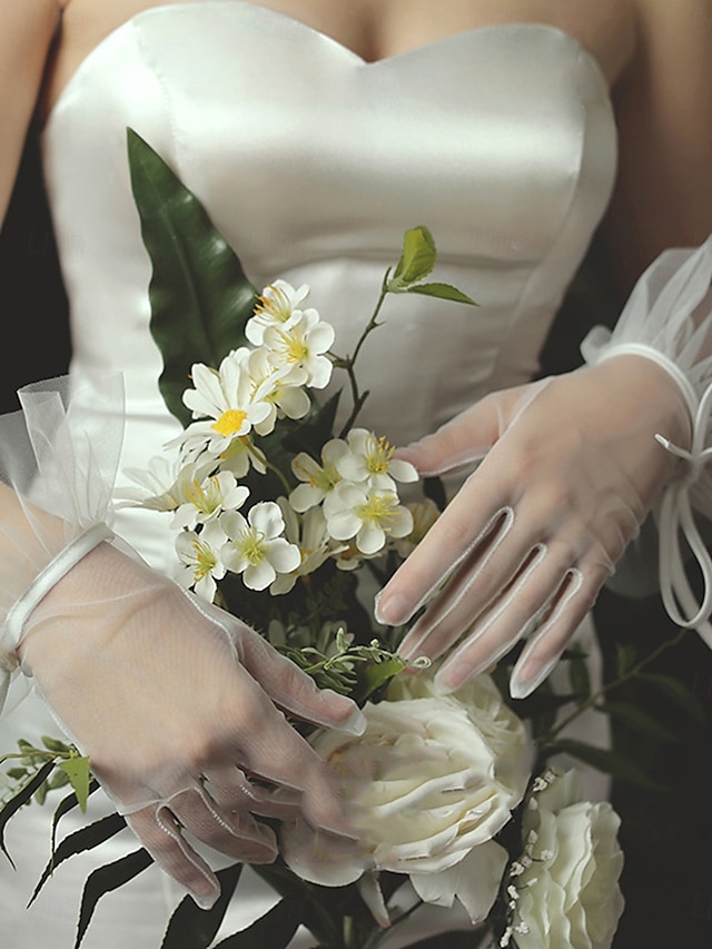  Renda Até o Pulso Luva Elegante / Estilo Clássico Com Cor Pura Luvas de Festa / Casamento