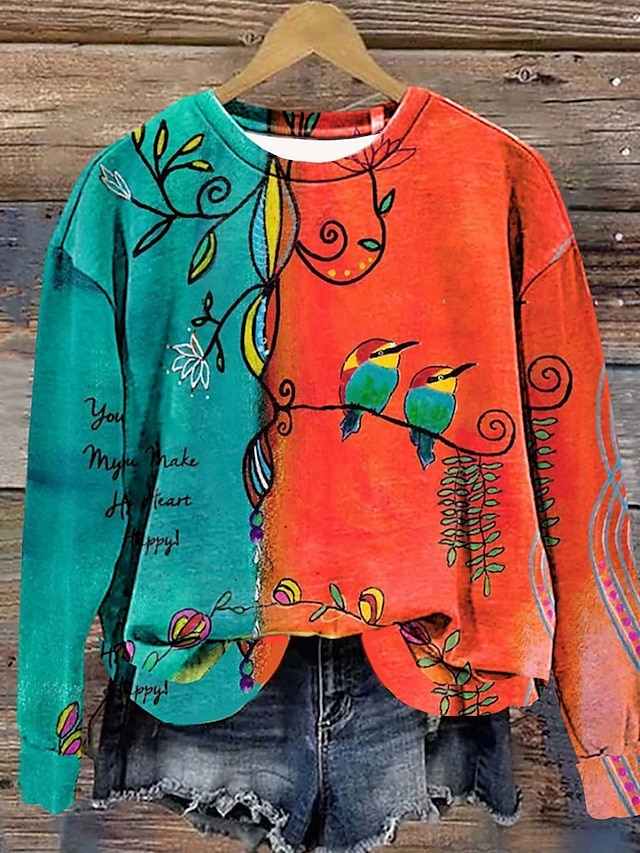  Women's Hoodies Geometric Color Block Casual Long Sleeve Round Neck Regular Tops Work Dailywear Casual Print Orange Fall Winter