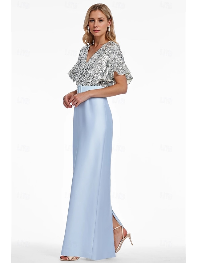  robe de soirée colonne bleue robe élégante robe formelle invité de mariage longueur au sol manches courtes col en V ceinture / ceinture satin avec fente à paillettes 2025
