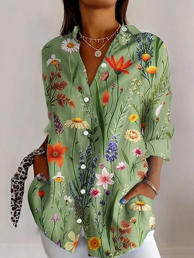  Femmes Chemise Fleuri Occasionnel manche longue Col de chemise Hauts Réguliers Travail Quotidien Boutons Imprimé Vert Printemps Automne Hiver