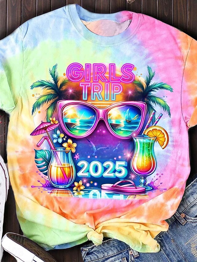 Women's T Shirt Ombre Graphic Casual Short Sleeve Round Neck Regular Tops Daily Print Pink Summer Girls Trip4