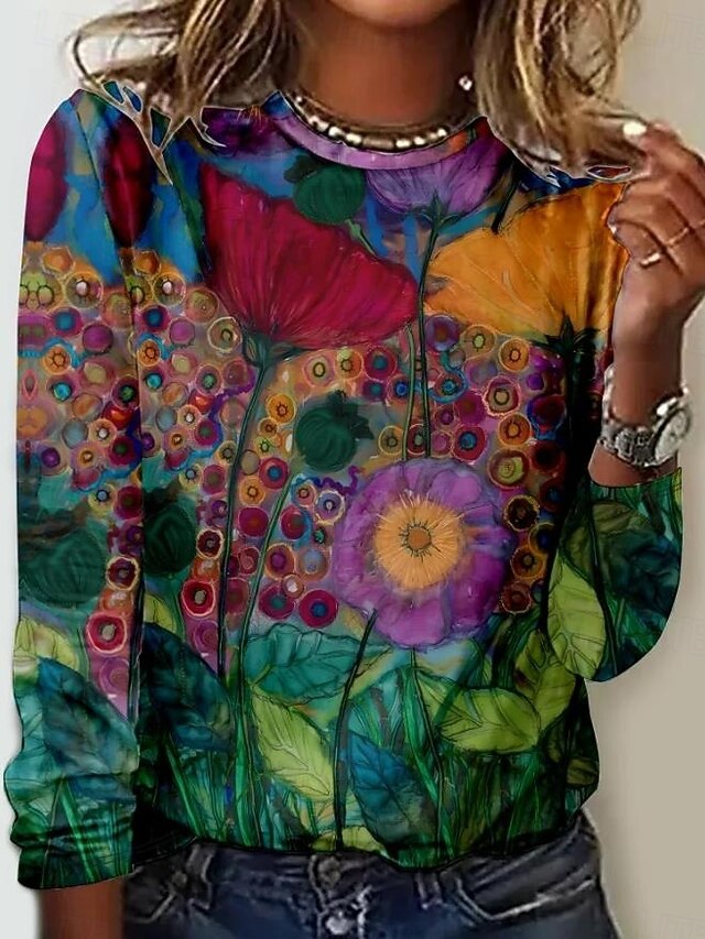 Women's T shirt Crew Neck Long Sleeve Tunic Floral Graphic Casual  Regular Tops Daily Print Light Brown Spring Fall4