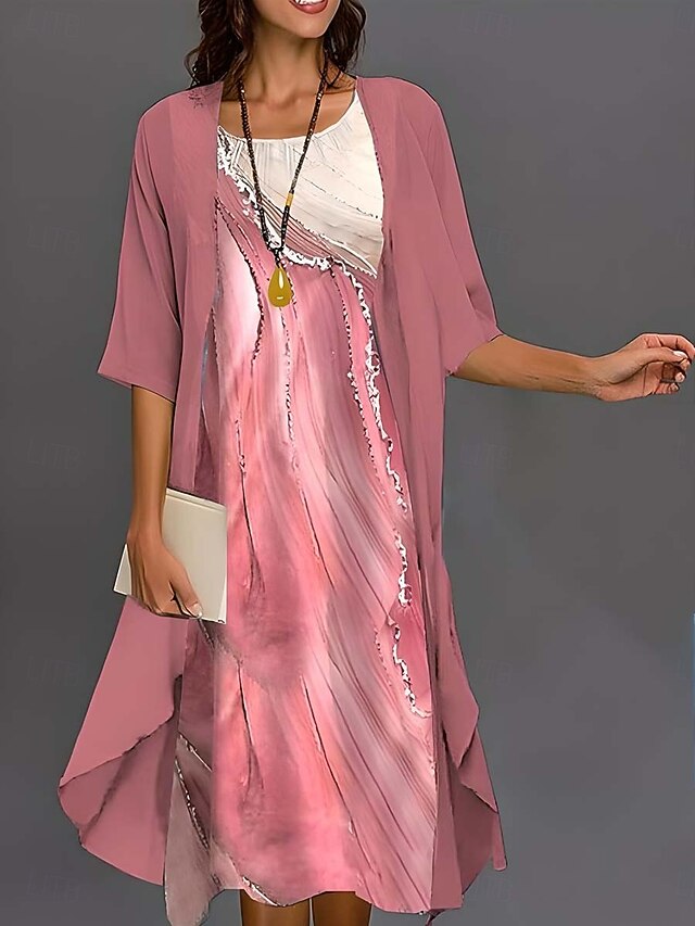 Women's Graduation Dress Midi Dress Chiffon Dress Shift Dress Elegant Formal Wedding Guest Daily Loose Fit Floral Half Sleeve Crew Neck Pink Summer Spring4