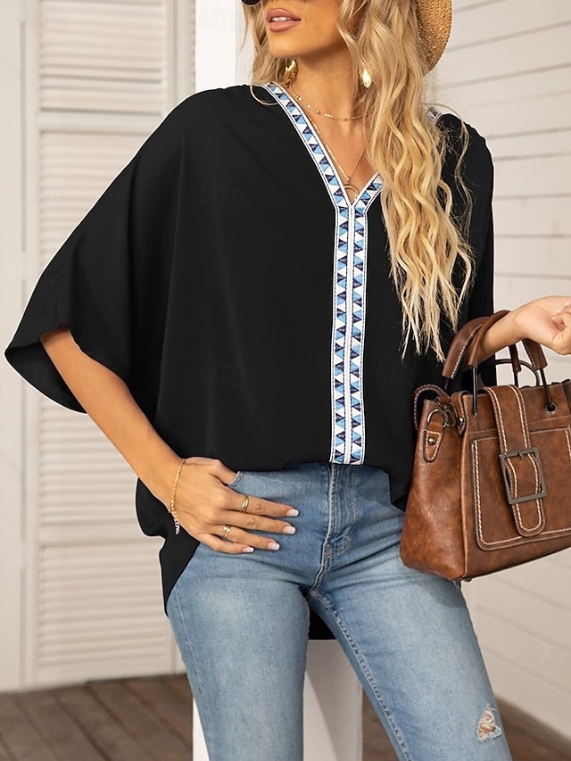  Damen Hemd Bluse Feste Farbe Stilvoll Brautkleider schlicht 3/4 Ärmel V Ausschnitt Normale Oberteile Täglich Patchwork Schwarz Weiß Sommer Frühling