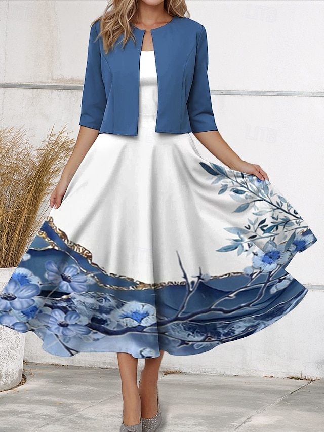  Kvinne Midi Kjole Casual Kjole Chiffon Kjole Sving Kjole Elegant Bryllup Ferie Daglig Regular Fit Blomster Halv erme V Hals Blå Sommer Vår Høst