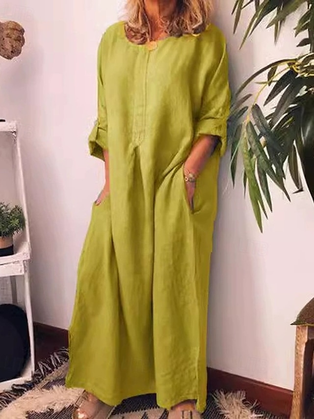  Femmes Robe Longue Maxi Robe Robes inspirées du lin Robe Décontractée Robe en coton et lin Élégant Occasionnel Vacances Quotidien Date Coupe régulière Uni manche longue Col ras du cou Blanche Jaune