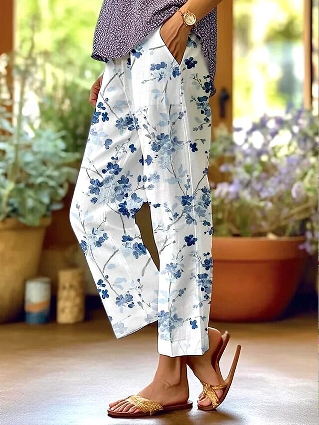 Women's Cotton Linen Pants Baggy Pants Linen Like Elegant Vintage Fashion Full Length High Waist Floral Leaf Printing Breathable Soft Micro-elastic Outdoor Daily Linen Like Sky Blue And White4