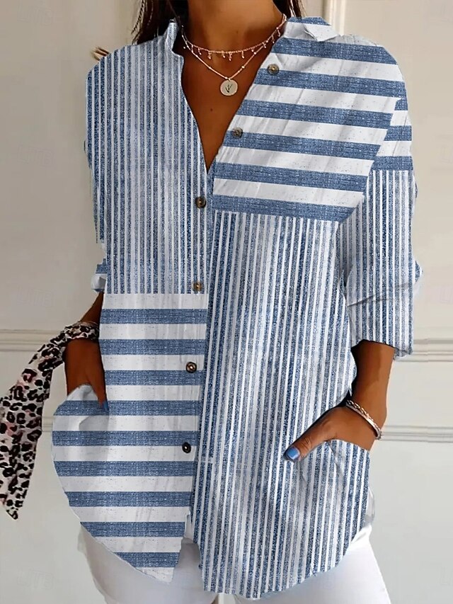 Women's Shirt Button Down Tunic Shirt Collar Long Sleeve Graphic Geometric Striped Daily Stylish Retro Vintage Regular Tops Daily Holiday Going out s Light Blue Spring4