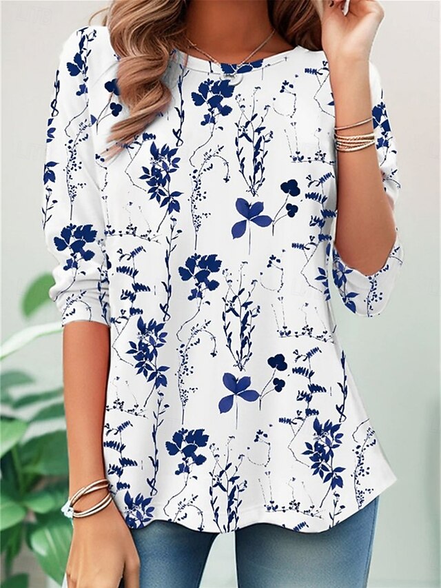 Women's T shirt Long Sleeve Crew Neck Long Sleeve Tunic Floral Casual Regular Tops Daily Print Blue Spring Fall Prefall4