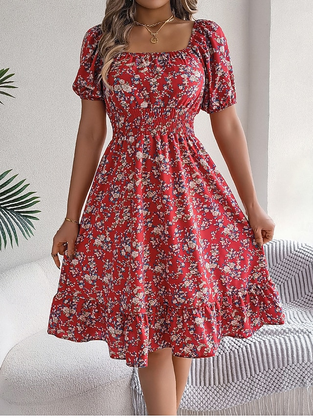 Femme Robe mi-longue Robe Trapèze Robe de laitière Robe mi-longue Robe smockée Bohême Le style mignon mode Manche Gigot Vacances Intérieur Soirée Ajustable Floral Manche Courte Col Carré Noir Blanche