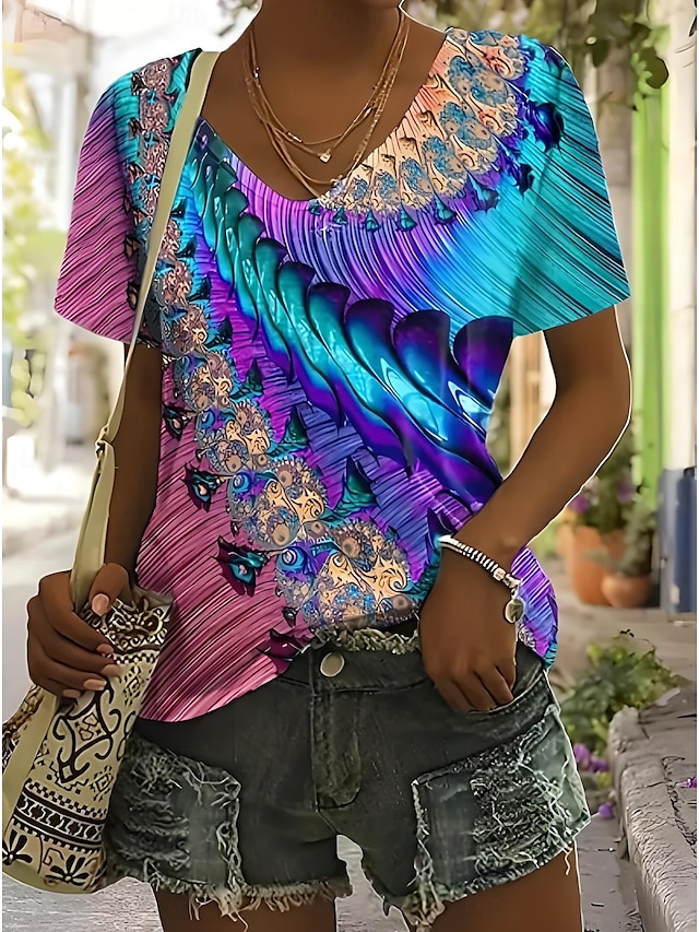  Women's T Shirt Ombre Color Block Rainbow Casual Short Sleeve V Neck Regular Tops Daily Print Rainbow Summer