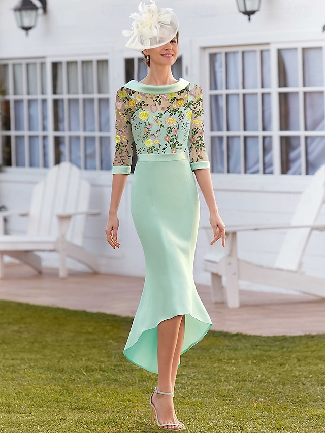  Robe mère de la mariée florale formelle en dentelle brodée verte et rose robe élégante vintage col bijou asymétrique longueur thé tissu extensible demi-manches robe de course