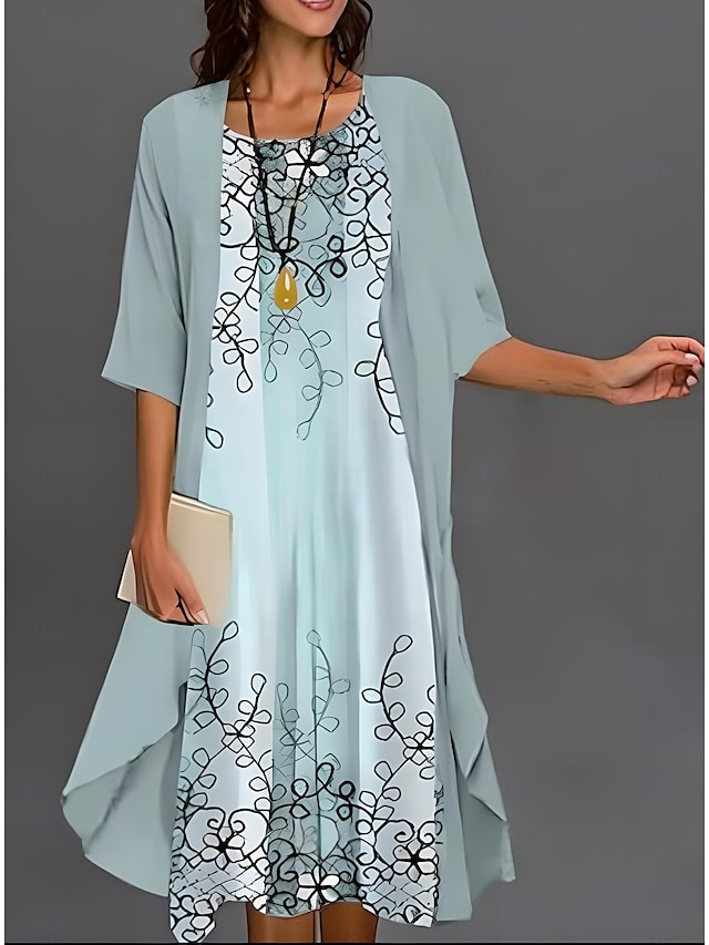  Sukienka na absolwenci dla kobiet Midi sukienka Chiffon sukienka Sukienka Shift Letnia sukienka Elegancka Stylowa Formalna Gość weselny Codzienna Luźny Krój Kwiatowy nadruk Pół rękaw Crew Neck