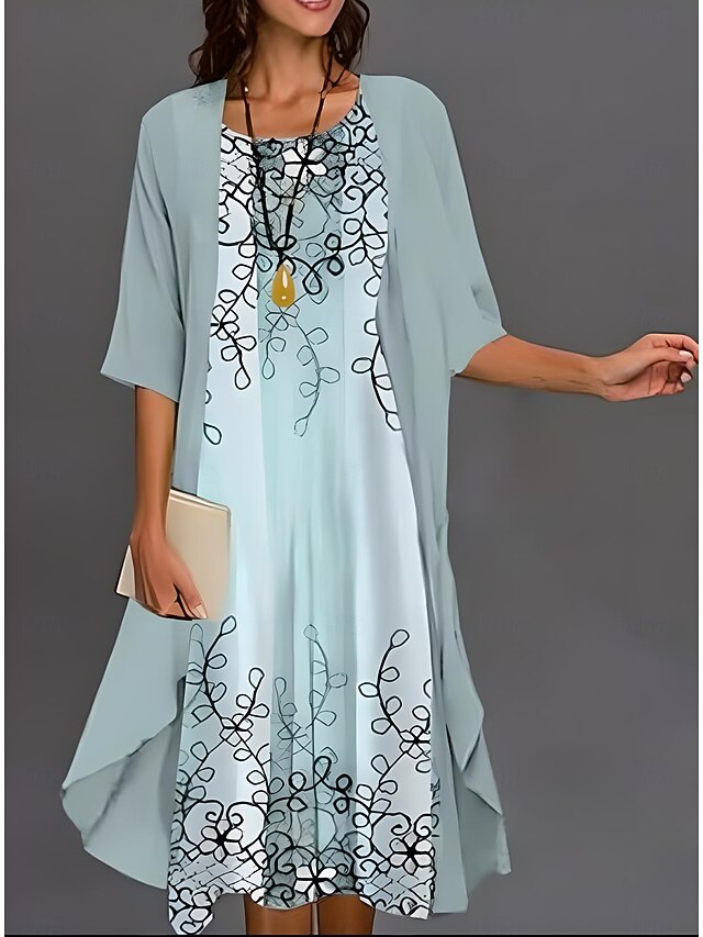 Women's Graduation Dress Midi Dress Chiffon Dress Shift Dress Summer Dress Elegant Stylish Formal Formal Wedding Guest Daily Loose Fit Floral Graphic Half Sleeve Crew Neck Sky Blue Summer Spring Fall4