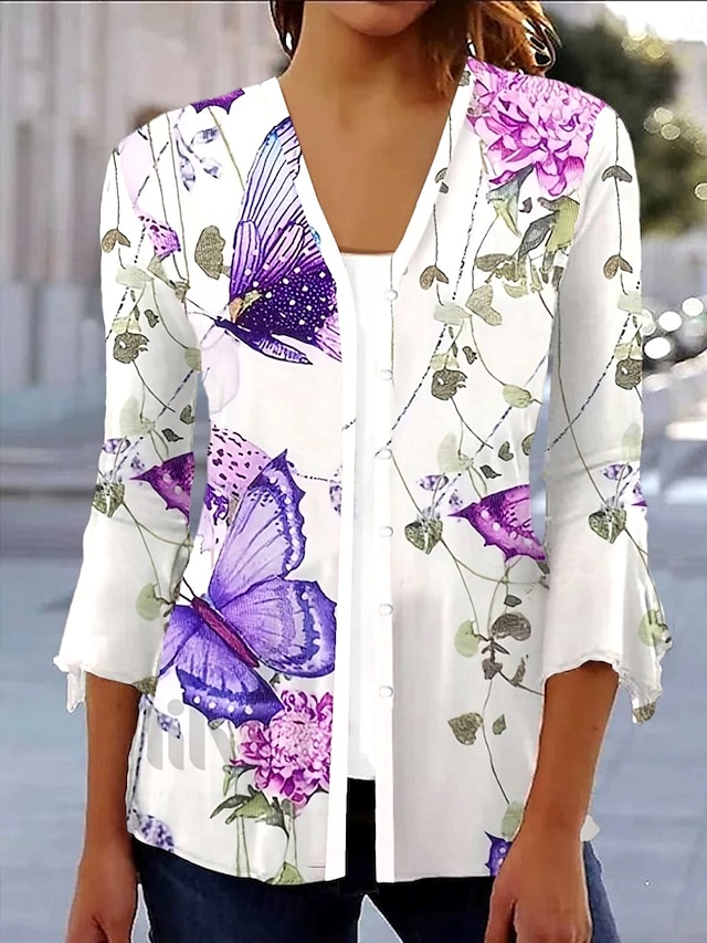  Femme Chemise Floral Papillon basique Manches 3/4 Col Carré Hauts réguliers du quotidien Imprimer Violet Printemps Automne