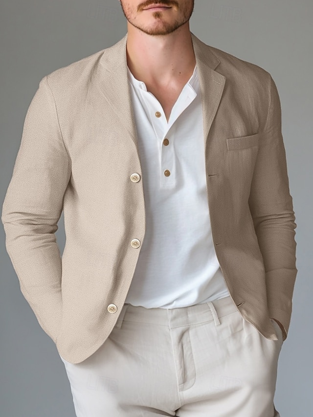  Herre Lett jakke Blazer i lin utendørs Kontor Daglig Vår sommer Bomull og lin Helfarge comfy Enkeltkneppet Blazer Lysegrønn Navyblå Kakifarget
