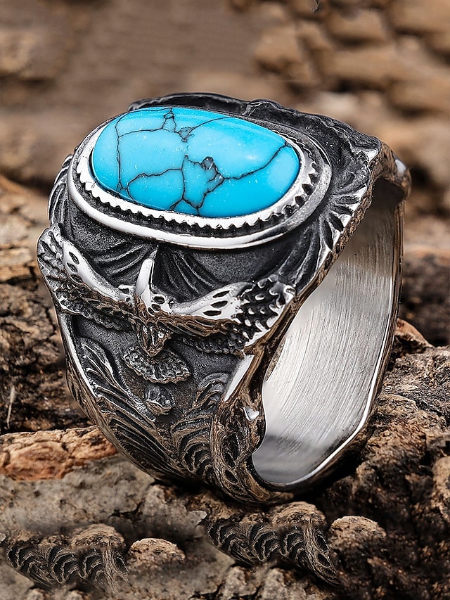 Western Style Rings Stainless Steel Turquoise Ring with Eagle Design Vintage Western Style ...