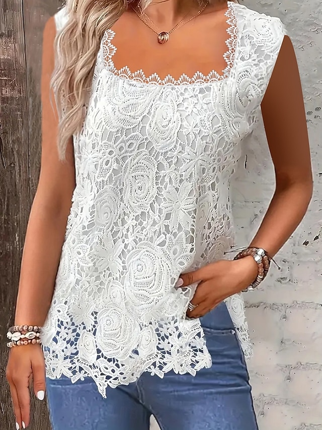  Top de camizola pentru femei solid elegant casual fără mâneci gât pătrat standard zilnic dantelă patchwork negru alb roz roșu albastru vară primăvară