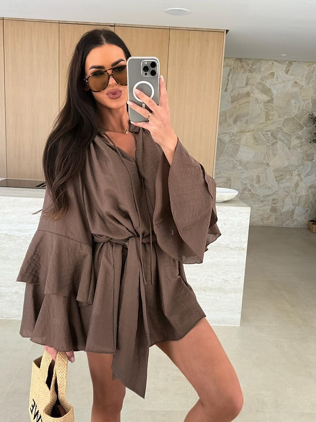 Női Mini ruha hétköznapi ruha Tavaszi ruha Elegáns Hétköznapi Napi Normál Tömör szín Hosszú ujj V-alakú Fekete Fehér Arcpír rózsaszín Rubin Ősz