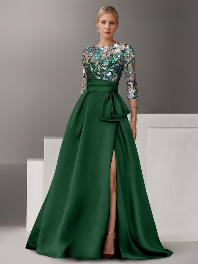  Robe de soirée A-Line brodée de fleurs élégante robe formelle de mariage longueur sol demi-manches col chemise en satin avec nœud(s) fente