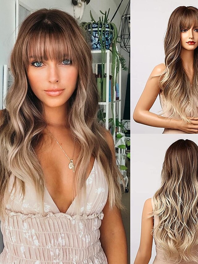  peruca marrom claro com franja longa ombre perucas onduladas para mulheres brancas, cabelo sintético branco acinzentado resistente ao calor, natural melhores perucas para halloween/natal/cosplay/festa