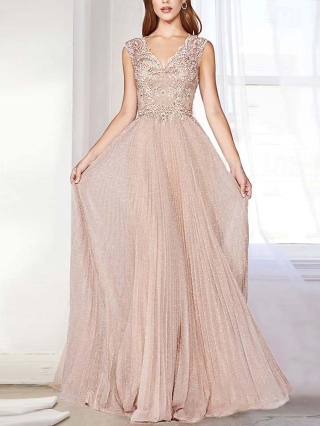  Linha A Vestido Para Mãe dos Noivos Elegante Simples Minimalista Decote V Longo Renda Tule Sem Manga com Apliques 2025
