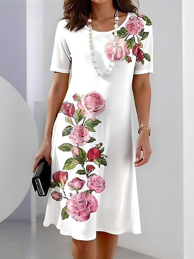 Women's Elegant Party Evening Midi Dress Crew Neck Short Sleeve Casual Dress Shift Dress Summer Dress Stylish Formal Work Casual Regular Fit Floral White Summer Spring3