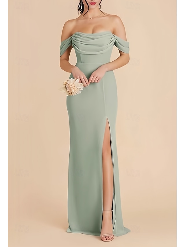  Sirène / Trompette Robe de Demoiselle d'Honneur  Épaules Dénudées Manche Courte Élégant Longueur au sol Chiffon Extensible avec Devant Fendu / Fronces 2022