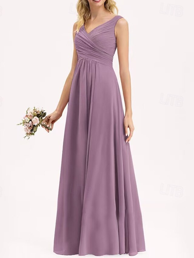  Linha A Vestido de Madrinha Decote V Sem Manga Elegante Longo Chiffon / Elastano com Pregas / Pregueado / Franzido 2022
