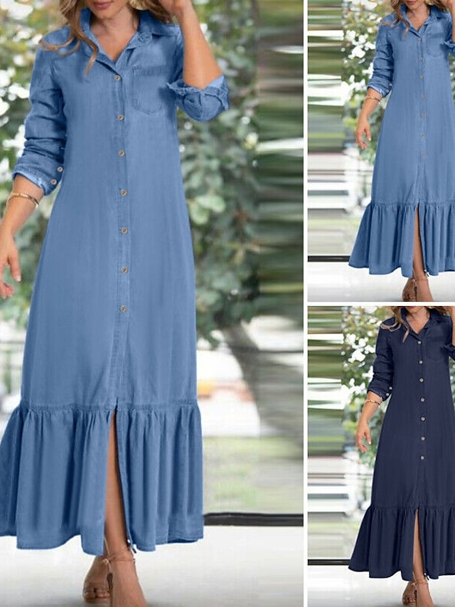  Per donna Abito lungo Abito lungo Abiti di jeans Abito casual Abito estivo Di tendenza Esterno Per eventi Appuntamento Standard Liscio Manica lunga Colletto Blu Blu scuro Estate Primavera