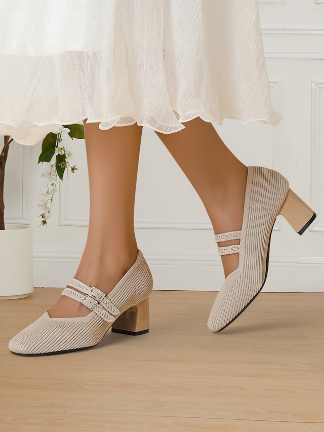  Breathable Fly-knit Mary Jane Pumps with Double Buckle Detail and Chunky Heel, Elegant Style for Women, Ideal for Work, Events and Formal Occasions