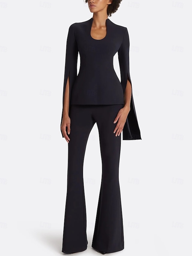  Completo in due pezzi tuta  completo pantaloni madre della sposa elegante scollo a gioiello lunghezza pavimento in tessuto elasticizzato maniche corte con colore solido