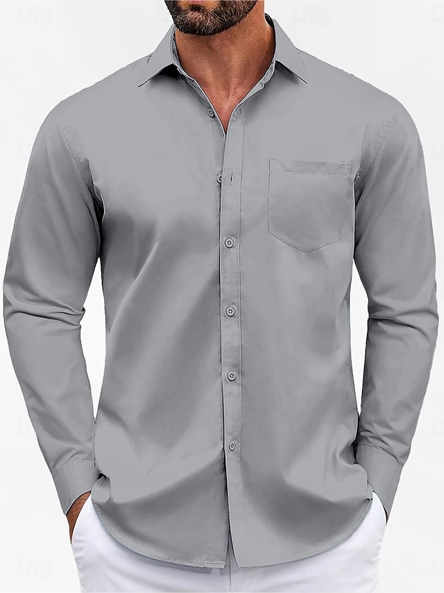  Herren Klassisches Freizeit Hemd Heimkehr Standard Passform Langarm Revers Unifarbe Polyester Schwarz Himmelblau Grau 2025
