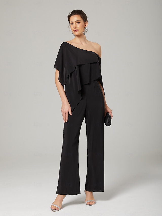  Jumpsuits Bruiloft Gast Elegante Formele Vloerlengte Korte Mouw Off Schouder Herfst Bruiloft Gast Chiffon met Rimpels