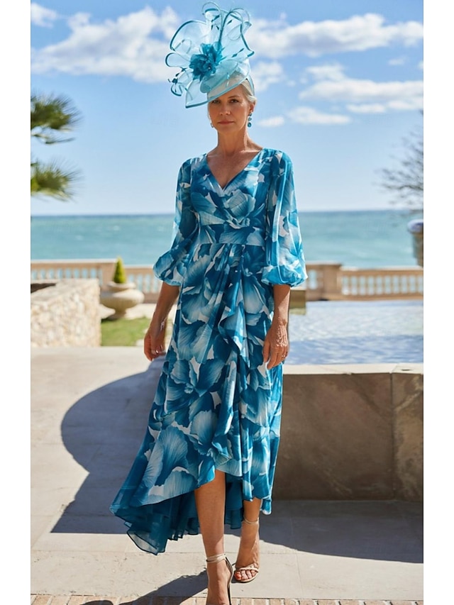  A-Line Mother of the Bride Dress Floral Print Elegant Simple Minimalist V Neck Floor Length Bubble Sleeve Chiffon with Pleats Race Day Dress Wedding Guest Dress