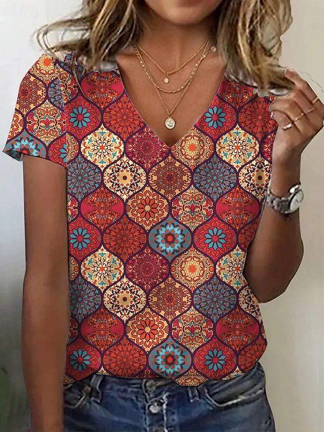 Women's T Shirt Geometric Vintage Stylish Casual Short Sleeve V Neck Regular Tops Daily Buttons Print Red Summer Spring4