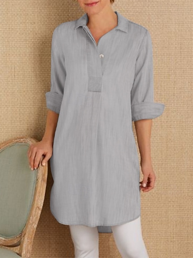  Femmes Mini Robe Robes inspirées du lin Robe Chemise Robe Décontractée Robe en coton et lin Élégant Occasionnel Vacances Quotidien Date Coupe régulière Uni manche longue Revers Jaune Orange Gris Ét