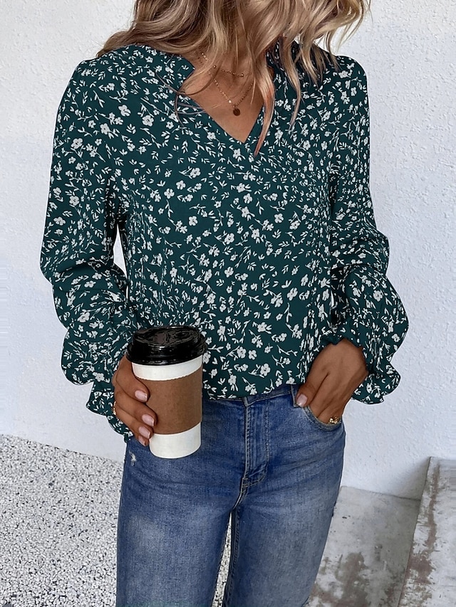  Dame Skjorte Bluse Blomstret Stilfull Fritid Langermet V-hals Vanlige topper Daglig Trykt mønster Vin Grønn Beige Sommer Vår