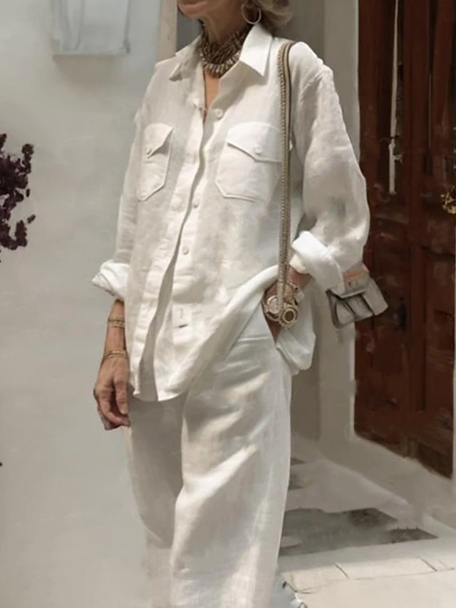  Per donna Moda Streetwear Quotidiano Camicia Set ispirati al lino Set da due pezzi Pantaloni a Gamba Larga Manica Lunga Colletto a Camicia Semplice Casuale Quotidiano Bianco Rosa Verde militare Estate