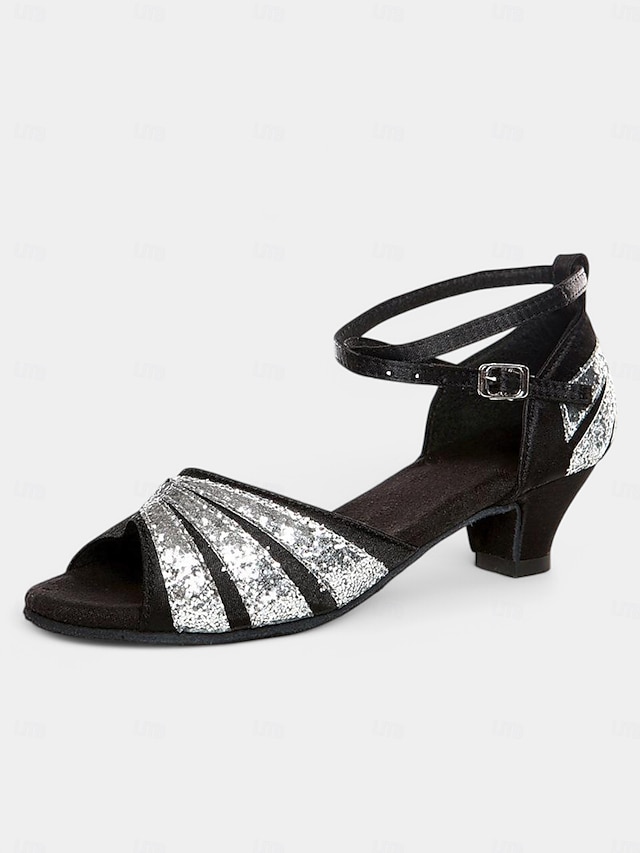  Silver Glitter Dance Sandals for Women | Elegant Open Toe Heel with Adjustable Strap | Perfect for Ballroom, Salsa & Evening Wear