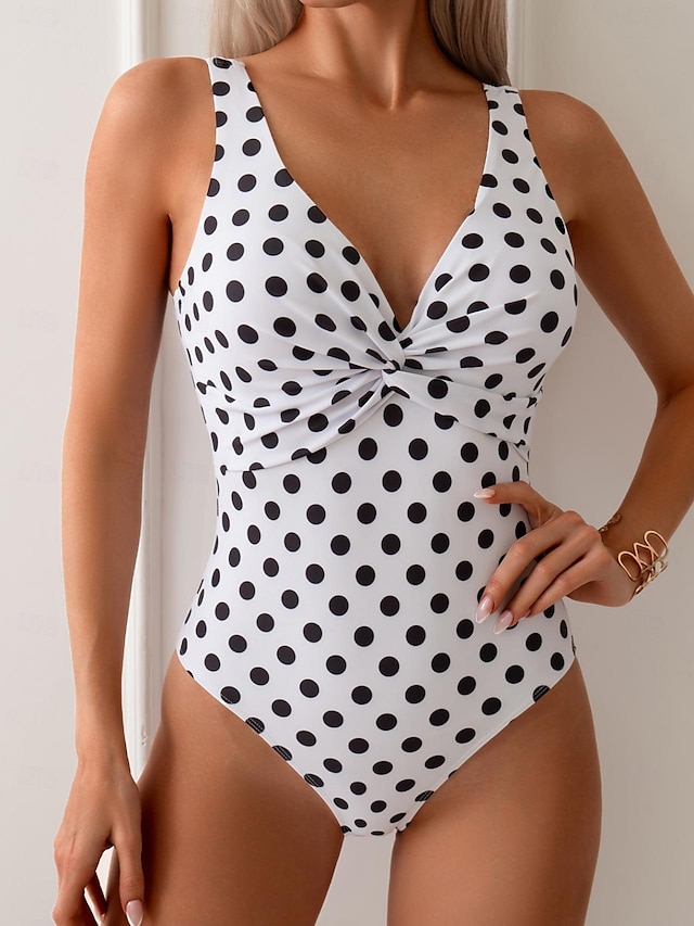  Women's Swimwear One Piece Monokini Swimsuit Backless Tummy Control High Waist Vacation Beach Wear Polka Dot V Neck Sleeveless Bathing Suits