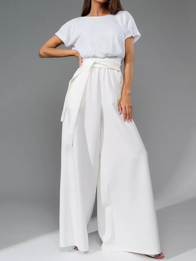  Pantalon mère de la mariée Robe élégante décontractée col rond longueur sol polyester manches courtes avec ceinture  ruban 2025
