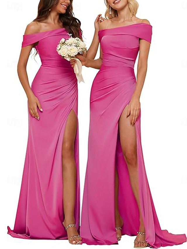  A-Lijn Bruidsmeisjesjurk Off Shoulder Mouwloos Elegante Vloerlengte Nylon met Split Voor