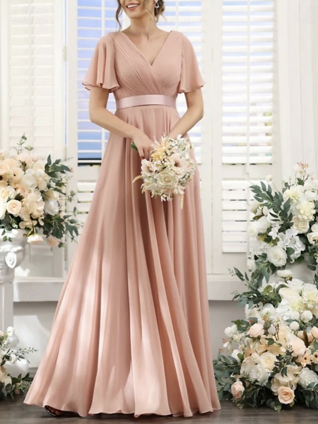  Linha A Vestido de Madrinha Decote V Manga Curta Elegante Longo Chiffon com Franzido 2022